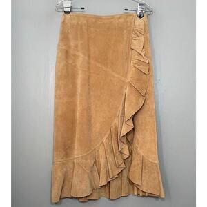 Moda International Size 2 Camel Suede Faux Wrap Skirt Ruffled Western Cowgirl